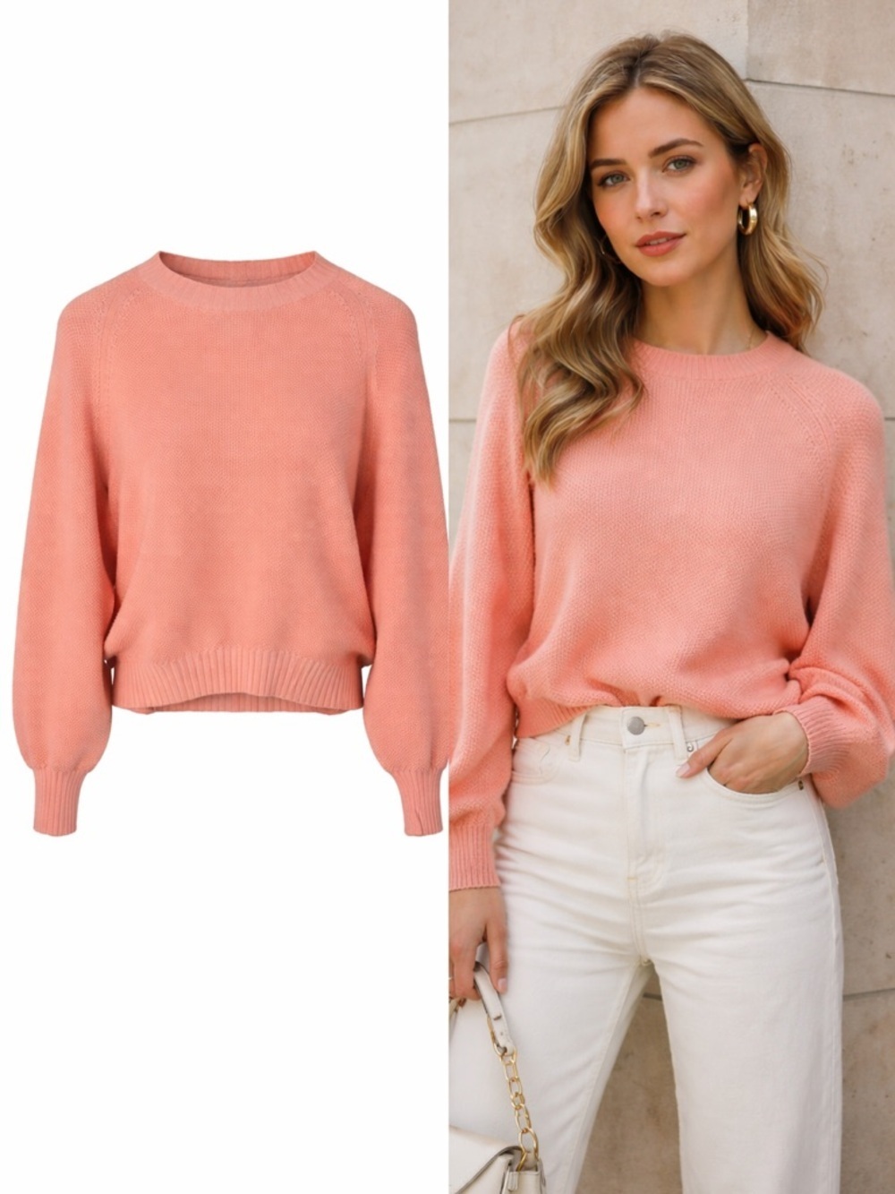 Marella Peach Knit Sweater Balloon Sleeve Italy Soft Minimalist | No Size